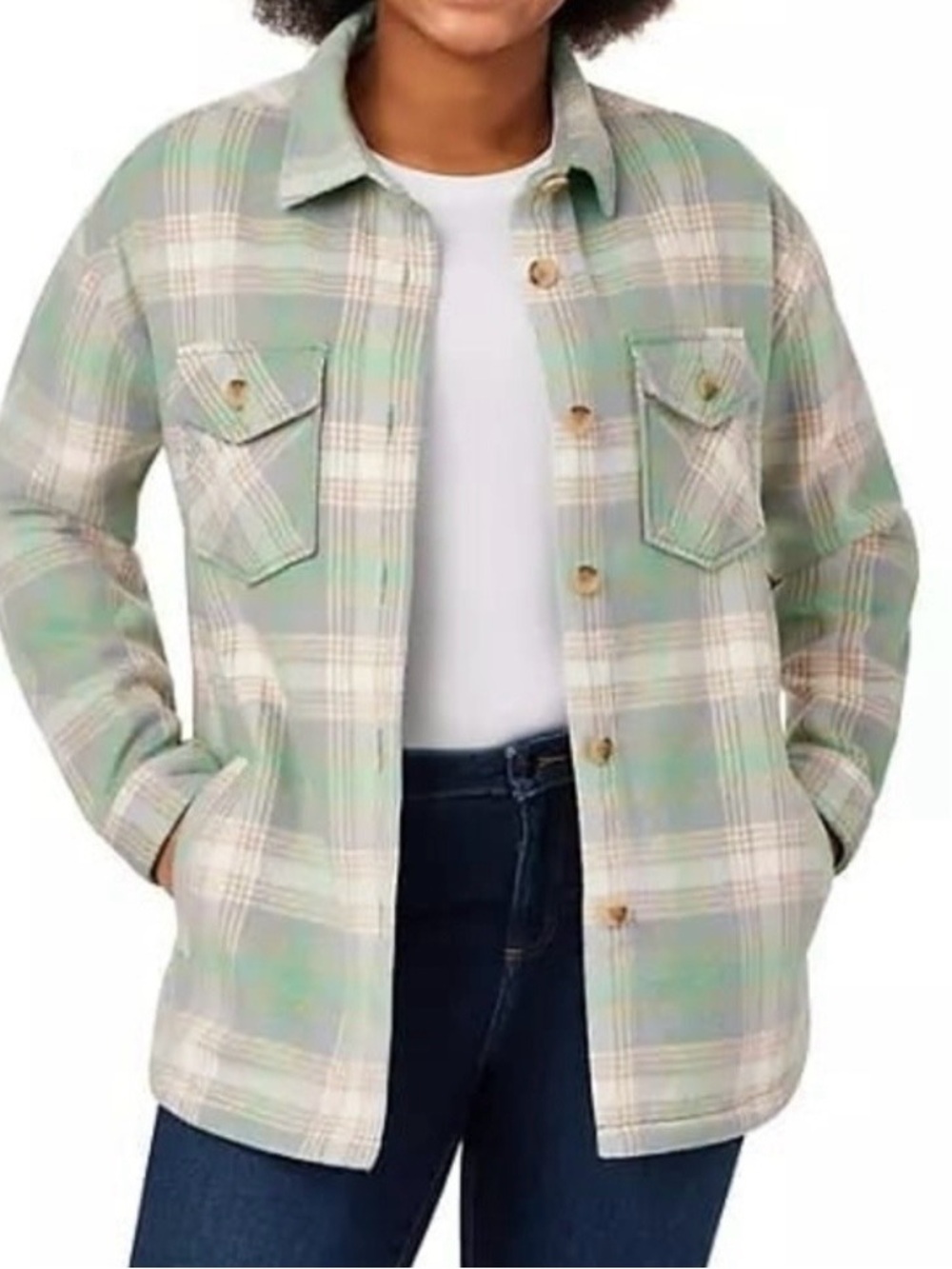 Plaid Shacket Jacket in Sage Green and Cream